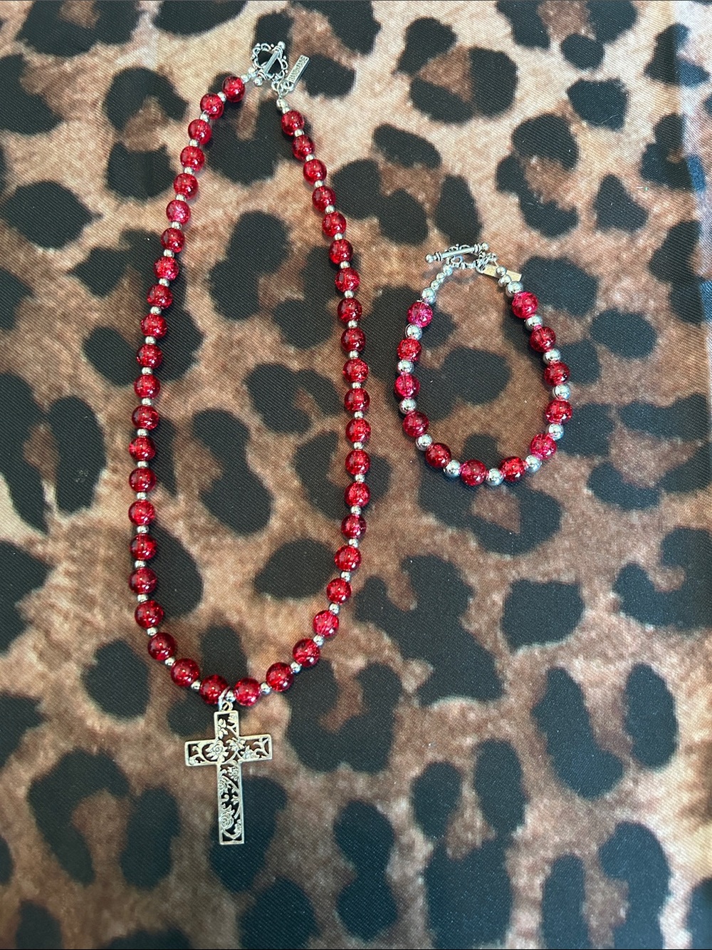 Handmade Red Beaded Cross Necklace and Bracelet Set